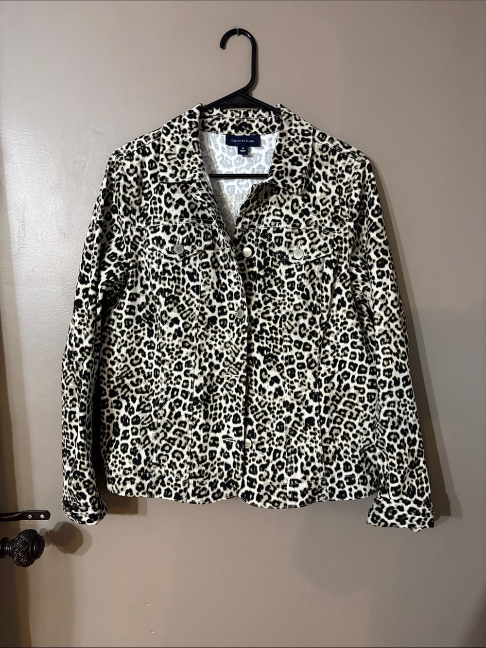 Charter Club Leopard Print Jean Jacket in Black and Cream